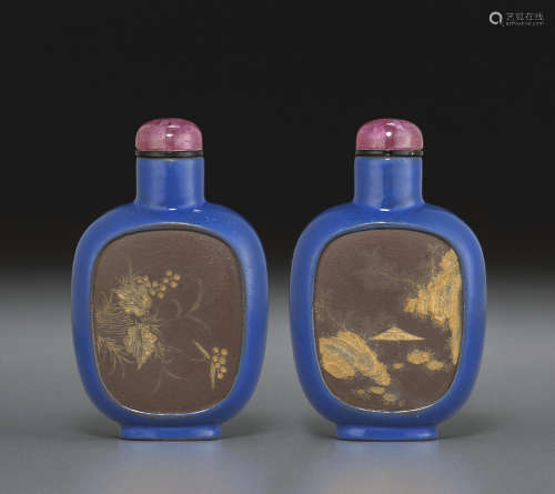 1800-1860年作 宜兴紫砂挂蓝釉堆料加彩山水花卉纹鼻烟壶
