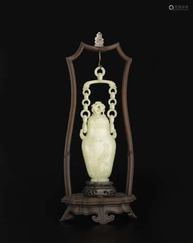 二十世紀 白玉雕鳳凰牡丹紋懸壺帶木座