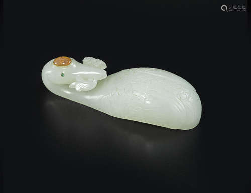 An inlaid white jade 'crane with lingzhi' belt hook