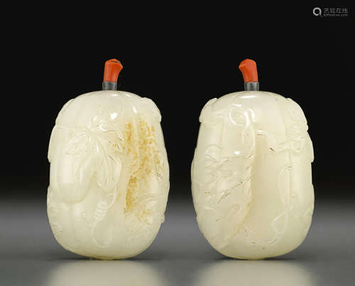 A white nephrite melon form snuff bottle 1750-1830
