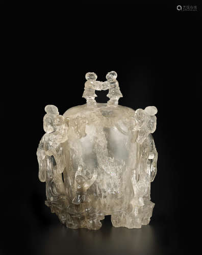 二十世紀 茶色水晶雕童子蓋瓶