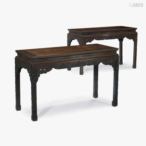 A fine pair of Chinese carved zitan corner-leg side tables, Tiaozhuo, 18th century