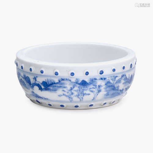 A Chinese blue and white porcelain circular brush washer, chenghua mark, 18th century