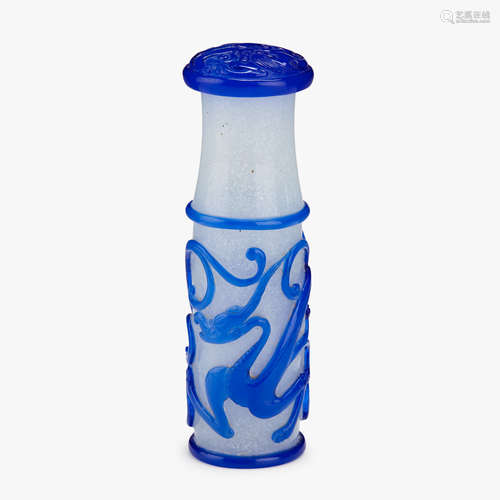 A rare Chinese blue overlay on white glass plume holder, late 18th/ early 19th century