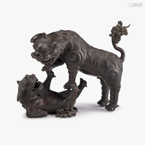 Two Chinese cast bronze acrobatic Xiezhi, early qing dynasty