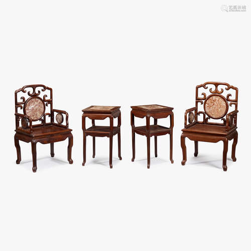 A set of eight Chinese hardwood marble-inset armchairs and four tea tables, 19th/20th century