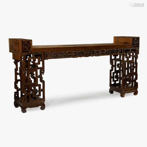 A Chinese nanmu solid-top and hollow-carved alter table, Qiaotouan,