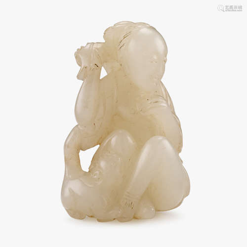 A Chinese white jade figure of a bathing lady and cat, 19th century