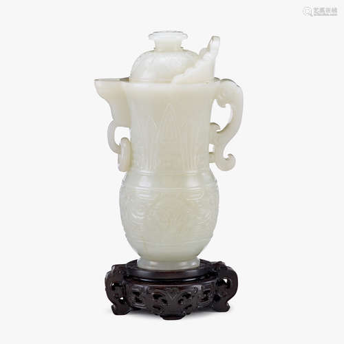 A Chinese white jade 'sengmaohu' covered vase with chilong handle, 19th century