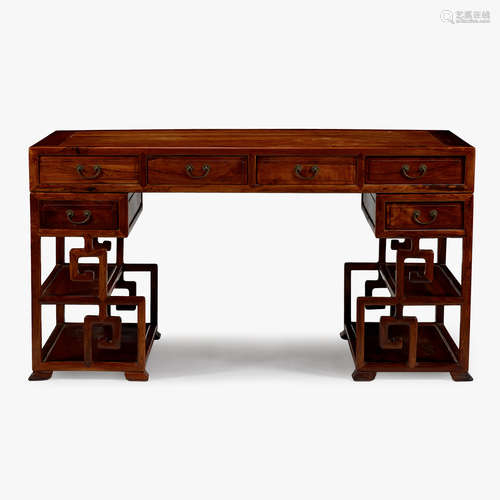 A Chinese huanghuali six-drawer top and double-pedestal desk,