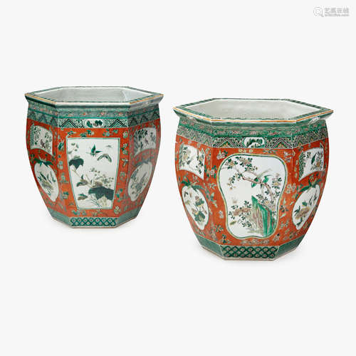 A pair of large Chinese famille verte enalemed porcelain hexagonal planters, 19th century