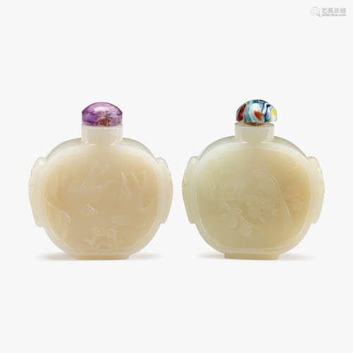 Two Chinese white jade round snuff bottles, carved with birds to body, 19th/20th century