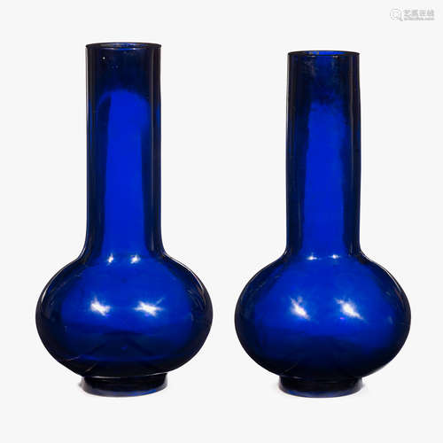 A pair of Chinese large cobalt blue glass bottle vases, 18th century