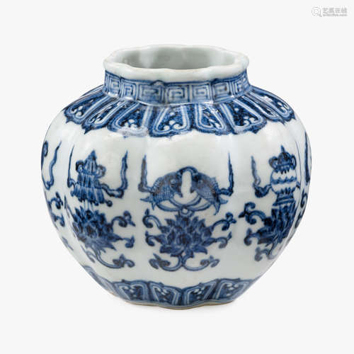 A Chinese blue and white porcelain 'bajixiang' lobed jar, possibly 18th century