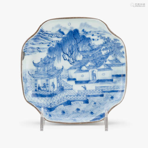 A Korean blue and white porcelain 'landscape' plate with silver rim, 18th/19th century