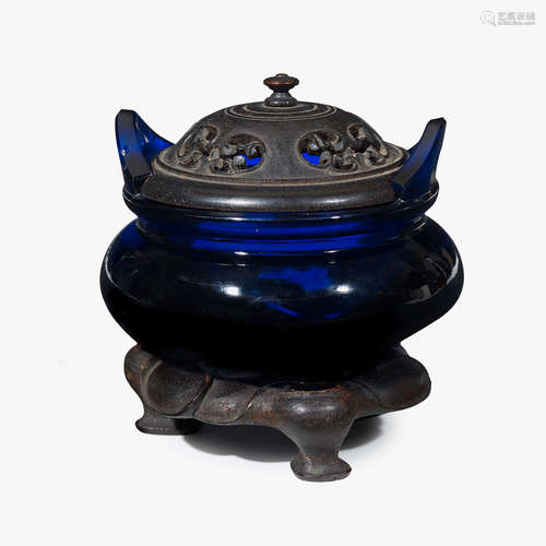 A Chinese cobalt blue glass covered censer, 19th century