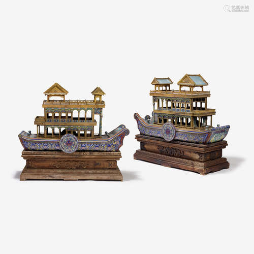 A large and rare pair of Chinese cloisonné enamel boat models in the form of the Empress Dowager's boat-form pavilion, early 20th ce..