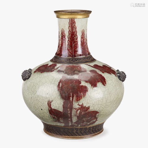 A Chinese Ge-type porcelain compressed globular vase with red underglaze, 18th century