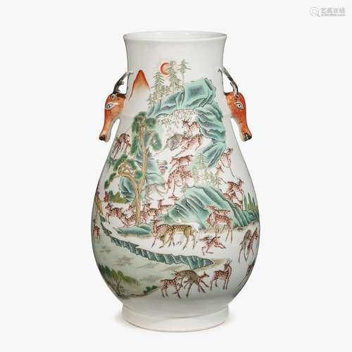 A Chinese famille rose enameled porcelain 'hundred deer' vase with deer twin handles, xuantong mark, 20th century