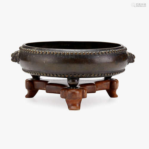 A Chinese cast bronze circular tripod censer with lion mask handles, xuande six-character mark, early qing dynasty