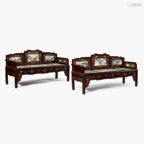 A pair of Chinese grey marble-inset and mother-of-pearl inlay hardwood daybeds, 19th/20th century