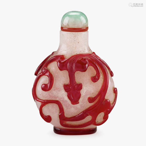 A Chinese red-overlay on snowflake glass snuff bottle, with sinuous chilong, 19th century