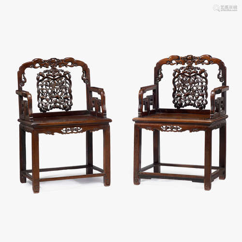 A pair of Chinese hongmu armchairs, 19th century