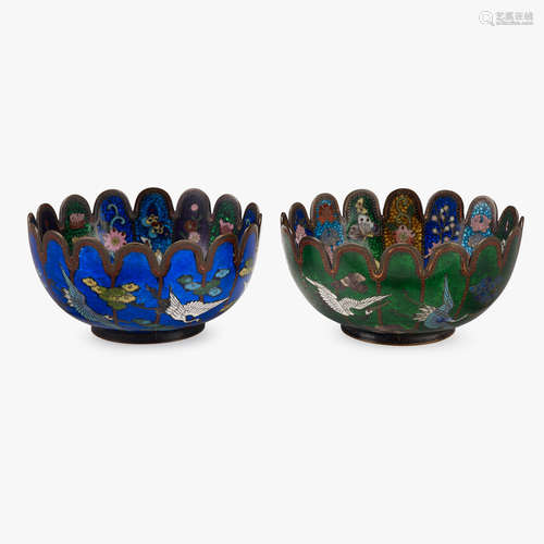 Two Japanese Ginbari cloisonné enameled chrysanthemum bowls, meiji period