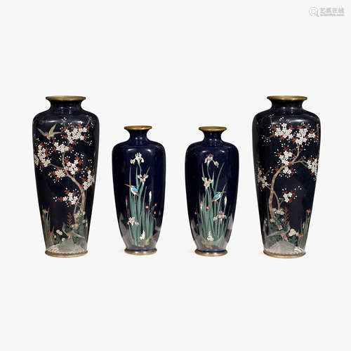 Two Japanese cloisonné enameled prunus vases and two smaller cloisonné enameled hexagonal orchid vases, meiji period