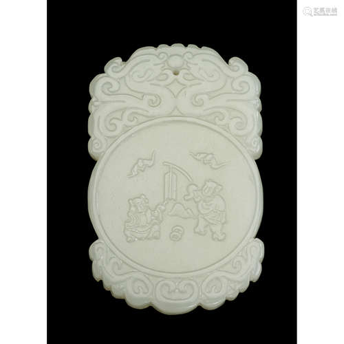 A Chinese white jade pendant carved with children playing and calligraphy verso, 20th century