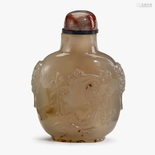 A Chinese cameo agate snuff bottle, carved with 'fu bat' to surface and magpie verso, qing dynasty