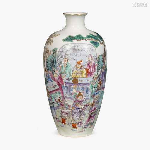 A Chinese famille rose porcelain vase with gilt lip decorated with figural scenes, qianlong mark to base, 20th century