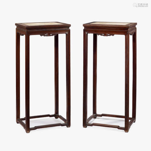 A pair of tall Chinese white marble-inset hardwood stands, 19th/20th century