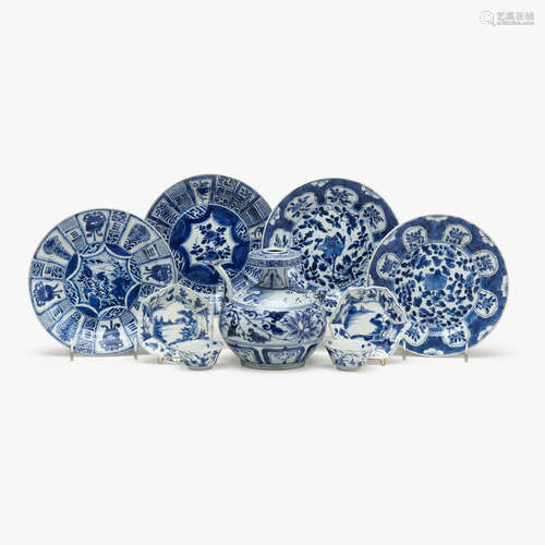 A grop of nine Chinese shipwreck blue and white export porcelain wares, kangxi period