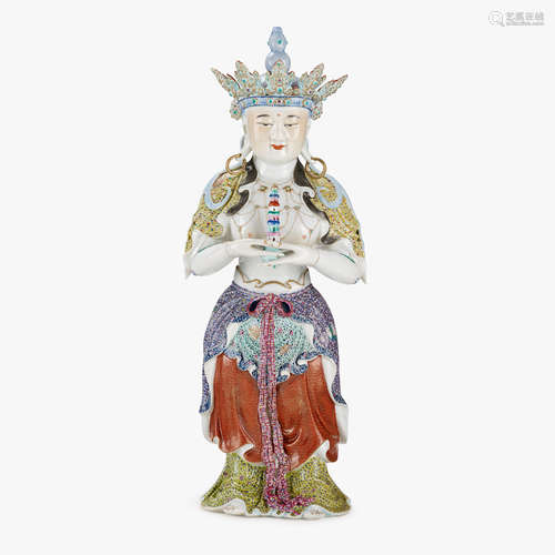 A large Chinese famille rose enameled porcelain figure of a bodhisattva holding a pagoda, republic period