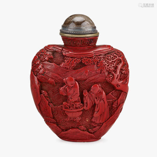 A fine Chinese cinnabar lacquer snuff bottle, carved with figural scene, 18th/19th century