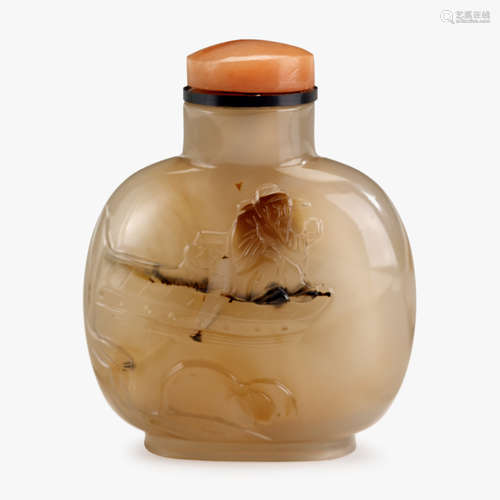 A Chinese cameo agate snuff bottle, carved with bat and tiger to surface and fisherman to verso, qing dynasty