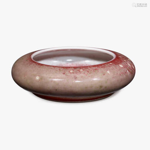 A Chinese peachbloom glazed porcelain circular brush washer, six character kangxi seal mark, 19th century