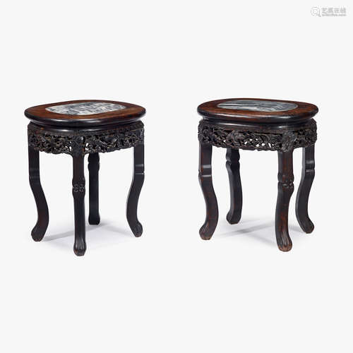 A pair of Chinese dreamstone-inset hardwood stools, 19th century