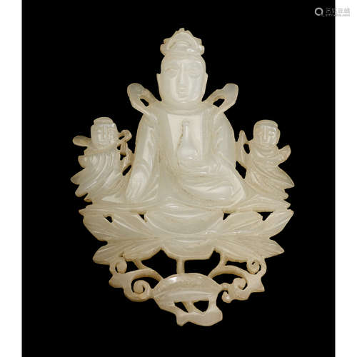 A small Chinese white jade plaque of Guanyin flanked by two attendants, 19th century