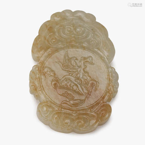 A Chinese white jade pendant with 'fu shou' emblem, mice and pomegranate,