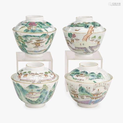 A set of four Chinese famille rose enameled porcelain covered tea bowls, daoguang mark, late qing dynasty