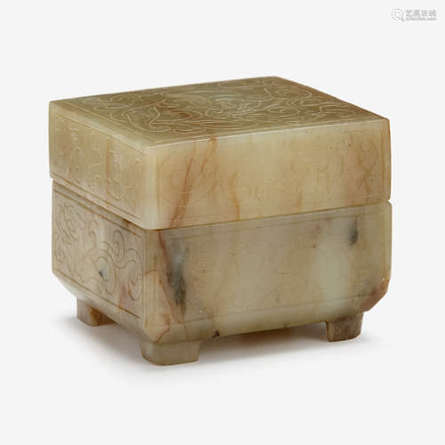 A Chinese yellow jade square box with chilong carved in shallow relief, ming dynasty