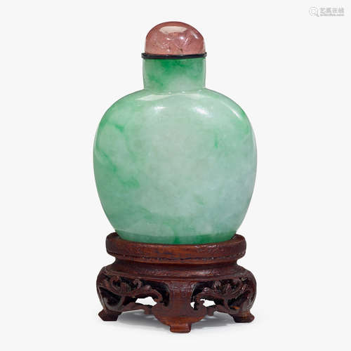 An Chinese mottled jadeite unadorned ovoid snuff bottle, qing dynasty