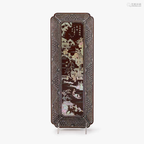 A Chinese lac burgate rectangular tray with landscape and figures, 17th century