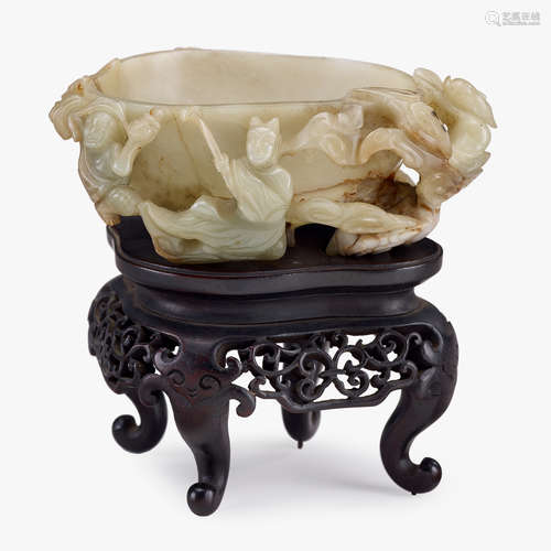 A Chinese white jade brush washer with figures to exterior, 18th century