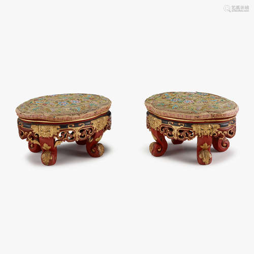 A pair of Chinese gilt and lacquer painted wedding stools with beaded coverings, Bangku Kaki Kahwain, 19th century