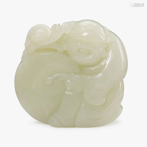 A Chinese celadon jade figure of a boy with drum, 20th century