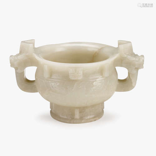 A Chinese white jade censer with twin chilong handles, qing dynasty