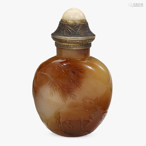 A Chinese brown and white jade ovoid snuff bottle, carved with natural figures, qing dynasty